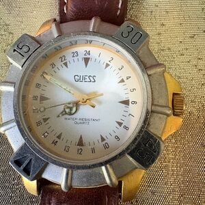 GUESS Two-Tone Women’s Quartz Watch With Brown Leather Band.